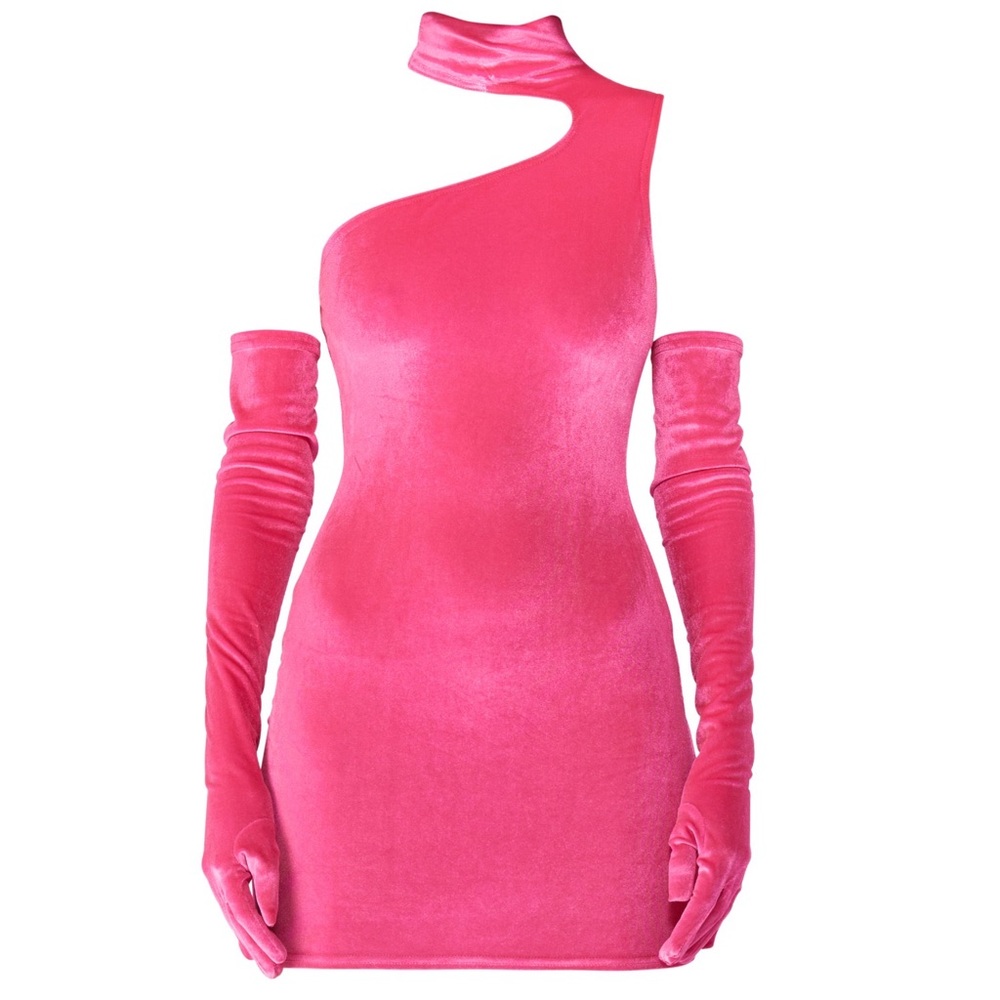 Wolf & Badger PINK VELVET GINA DRESS & GLOVES (M)